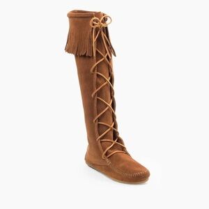 MINNETONKA Knee High Lace Up Fringe Boots Brown Like NEW